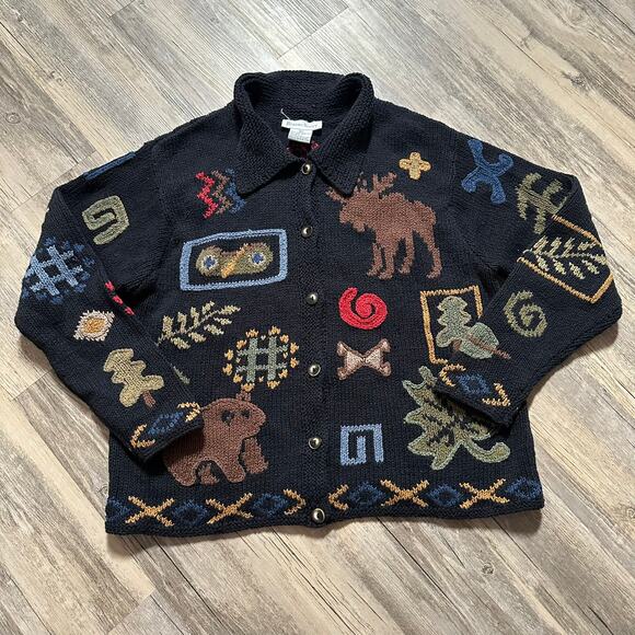 Robert Scott Sweaters - Vtg Robert Scott Sweater Hand Knitted Moose Bear Leaves Outdoor Large